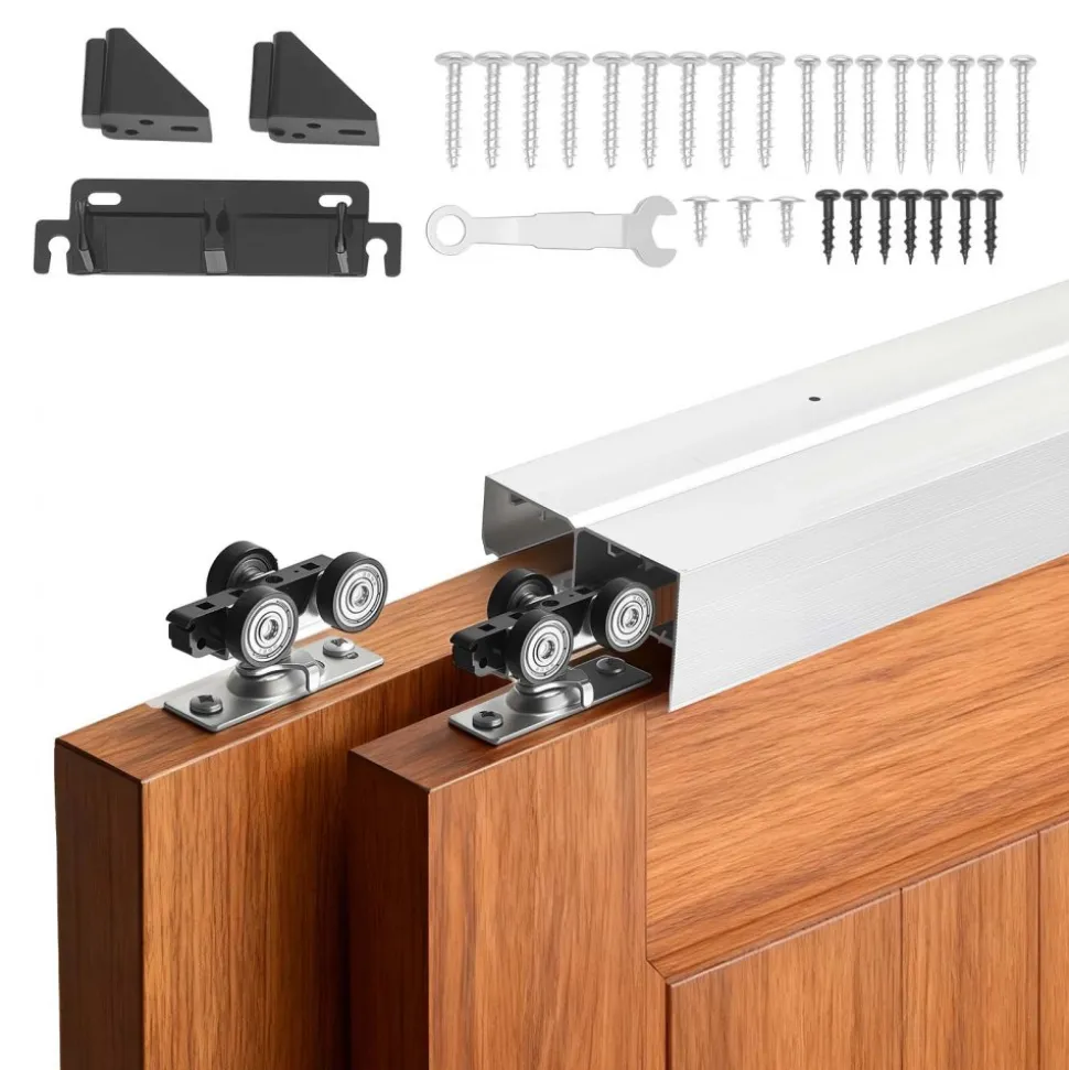 VEVOR Bypass Sliding Door Hardware Kit, 4 ft Aluminum Alloy Dual-Track Bypass Door Hardware, Smooth and Quiet Sliding, Easy to Install, for 1" to 1 3/4" Thickness 24" Width 2 Door System, for Closet