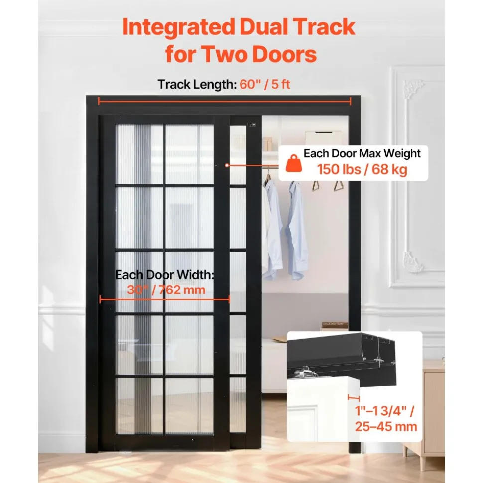 VEVOR Bypass Sliding Door Hardware Kit, 5 ft Aluminum Alloy Dual-Track Bypass Door Hardware, Smooth and Quiet Sliding, Easy to Install, for 1" to 1 3/4" Thickness 30" Width 2 Door System, for Closet
