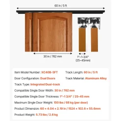 VEVOR Bypass Sliding Door Hardware Kit, 5 ft Aluminum Alloy Dual-Track Bypass Door Hardware, Smooth and Quiet Sliding, Easy to Install, for 1