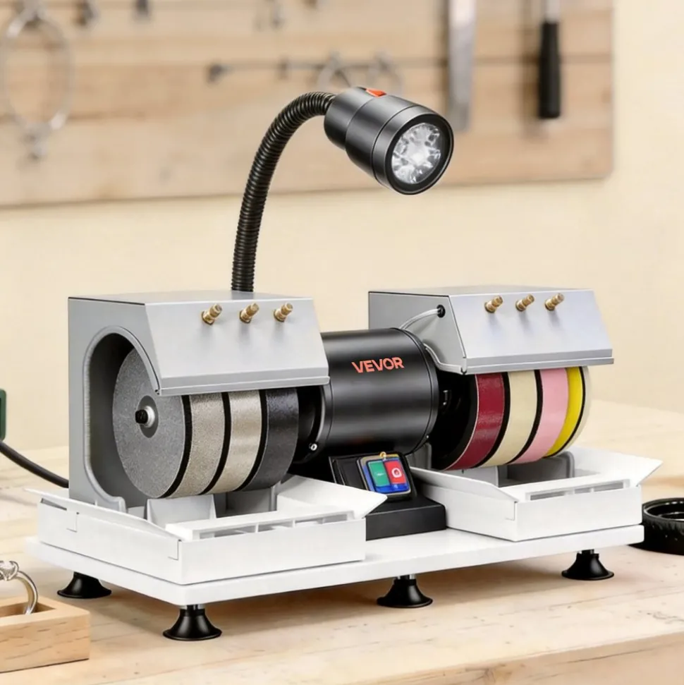 VEVOR Cabbing Machine, 8" 3/4 HP 1800 RPM Efficient, Lapidary Rock Grinder Polisher With Diamond and Resin Wheels, LED Lamp, Water System, Lapidary Equipment for Gemstone Grinding, Stone Polishing