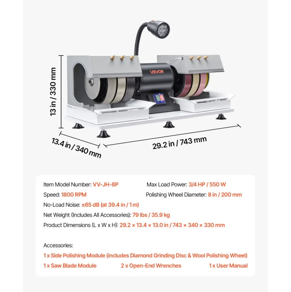 VEVOR Cabbing Machine, 8" 3/4 HP 1800 RPM Efficient, Lapidary Rock Grinder Polisher With Diamond and Resin Wheels, LED Lamp, Water System, Lapidary Equipment for Gemstone Grinding, Stone Polishing