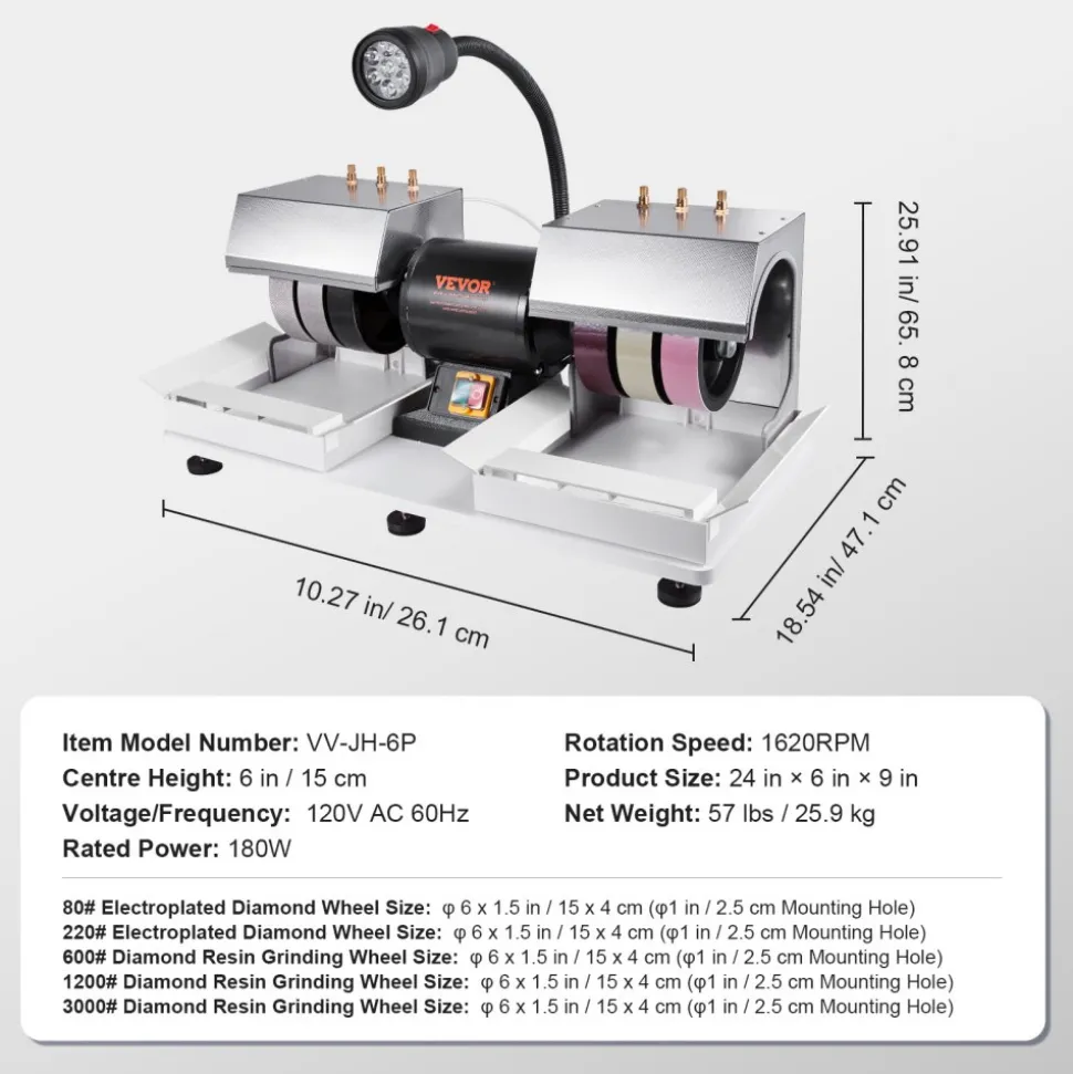 VEVOR Cabbing Machine, 6" 1/4HP 1800rpm Efficient, Lapidary Rock Grinder Polisher With Lamp & Water Pump, Gem Faceting Machine, Rock Grinding Machine for Gem Jade Stone, Create Cabochons for Necklaces