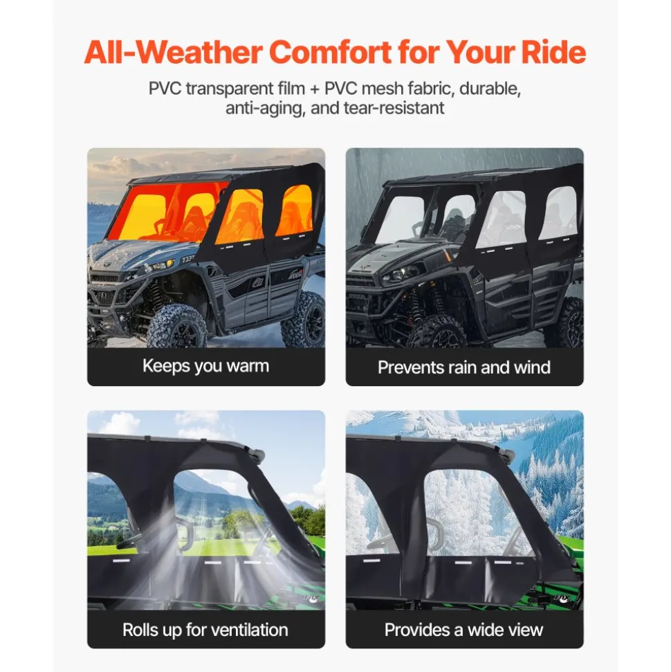 VEVOR Cab Enclosure Upper Doors, Compatible with Kawasaki Teryx4 2012-2022, Soft Upper Doors, Windproof & Waterproof Upgraded Zipper UTV Soft Side Window Kit, Work with Roof and Partial Windshields