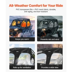 VEVOR Cab Enclosure Upper Doors, Compatible with Polaris RZR XP4 1000/Turbo 2014-2023, Soft Upper Doors, Windproof Upgraded Zipper UTV Soft Side Window Kit, Work with Side Mirrors and Windshields