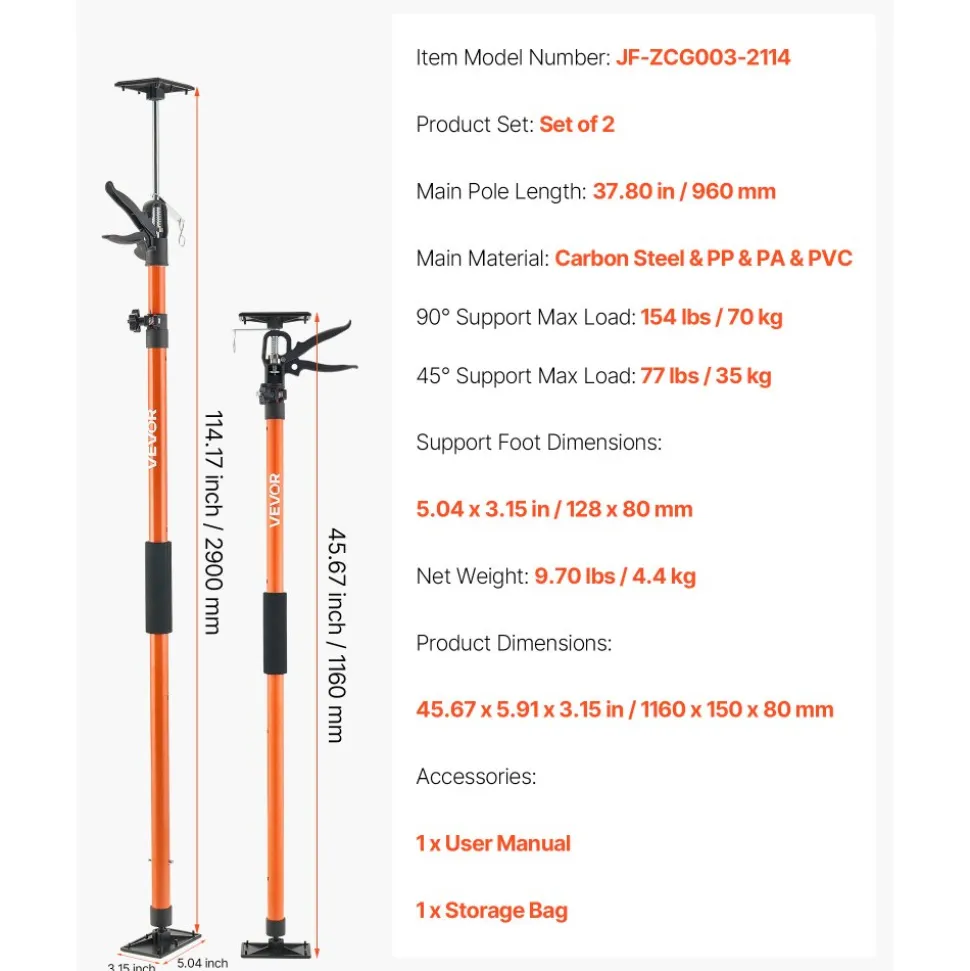 VEVOR Cabinet Jack Support Pole, 2-Pack, 45.7-114.2 Inch Steel Telescopic Quick Support Rod, Adjustable 3rd Hand System up to 154 lbs Capacity for Installing Cabinets, Lifting Drywall, Cargo Bars
