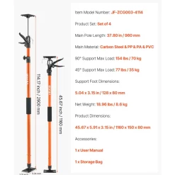 VEVOR Cabinet Jack Support Pole, 4-Pack, 45.7-114.2 Inch Steel Telescopic Quick Support Rod, Adjustable 3rd Hand System up to 154 lbs Capacity for Installing Cabinets, Lifting Drywall, Cargo Bars