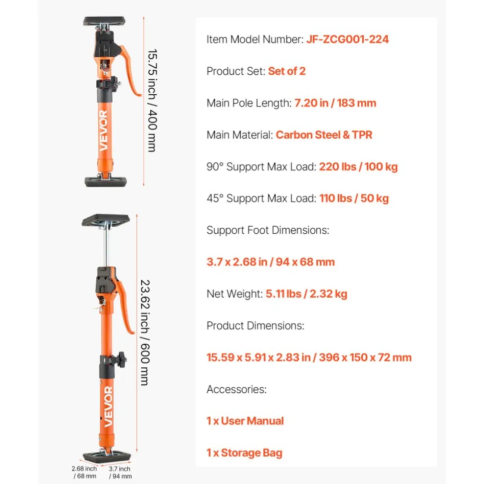 VEVOR Cabinet Jack Support Pole, 2-Pack, 15.75-23.6 Inch Steel Telescopic Quick Support Rod, Adjustable 3rd Hand System up to 220 lbs Capacity for Installing Cabinets, Lifting Drywall, Cargo Bars