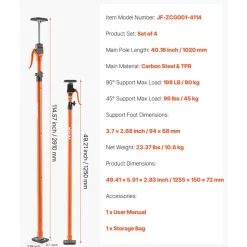 VEVOR Cabinet Jack Support Pole, 4-Pack, 49.2-114.6 Inch Steel Telescopic Quick Support Rod, Adjustable 3rd Hand System up to 198 lbs Capacity for Installing Cabinets, Lifting Drywall, Cargo Bars
