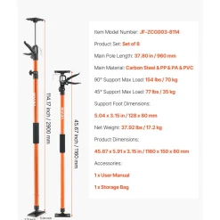 VEVOR Cabinet Jack Support Pole, 8-Pack, 45.7-114.2 Inch Steel Telescopic Quick Support Rod, Adjustable 3rd Hand System up to 154 lbs Capacity for Installing Cabinets, Lifting Drywall, Cargo Bars