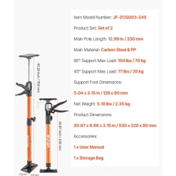 VEVOR Cabinet Jack Support Pole, 2-Pack, 20.8-45.3 Inch Steel Telescopic Quick Support Rod, Adjustable 3rd Hand System up to 154 lbs Capacity for Installing Cabinets, Lifting Drywall, Cargo Bars