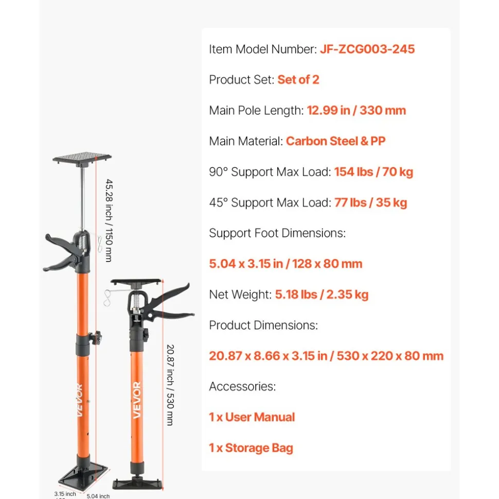 VEVOR Cabinet Jack Support Pole, 2-Pack, 20.8-45.3 Inch Steel Telescopic Quick Support Rod, Adjustable 3rd Hand System up to 154 lbs Capacity for Installing Cabinets, Lifting Drywall, Cargo Bars