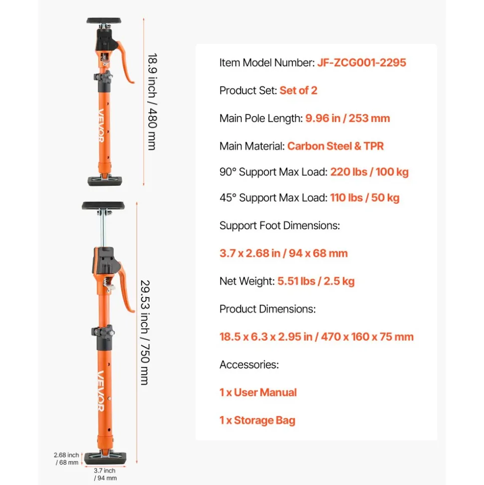 VEVOR Cabinet Jack Support Pole, 2-Pack, 25.4-45.3 Inch Steel Telescopic Quick Support Rod, Adjustable 3rd Hand System up to 220 lbs Capacity for Installing Cabinets, Lifting Drywall, Cargo Bars