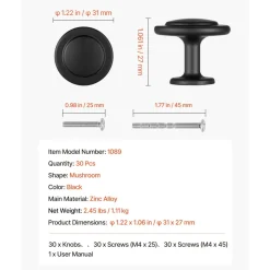 VEVOR Cabinet Knobs, 30 Pack, 1.22 Inch Black Zinc Alloy Drawer Pulls & Door Handles, Mushroom Kitchen Solid Knobs Dresser Handles, Cupboard Hardware with Screws for Bathroom Closet Cabinets Drawers