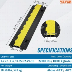 VEVOR Cable Protector Ramp, 2 Channel, 22000 lbs/axle Capacity Heavy Duty TPU Wire Cord Cover Ramp Hose Protector Ramp Driveway, Traffic Speed Bump with TPR Flip-Open Top Cover, for Indoor & Outdoor
