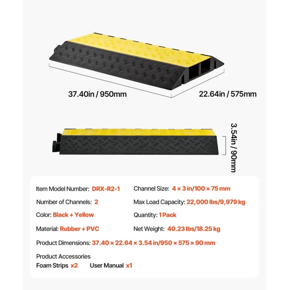 VEVOR Cable Protector Ramp, 22,000 lbs/axle Capacity, 2 Channel Heavy Duty Rubber Cord Hose Wire Cover, 2.2 x 2 in Channel, Traffic Speed Bump with Flip-Open Top Cover, for Indoor Outdoor, 1 Pack