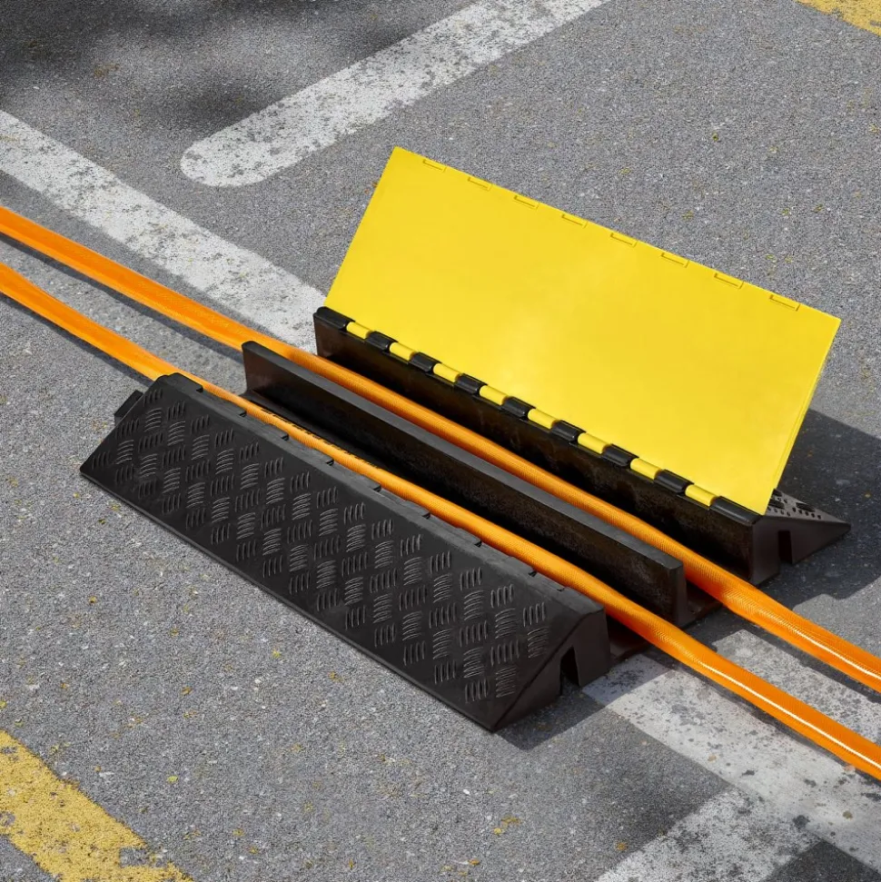 VEVOR Cable Protector Ramp, 22,000 lbs/axle Capacity, 2 Channel Heavy Duty Rubber Cord Hose Wire Cover, 2.2 x 2 in Channel, Traffic Speed Bump with Flip-Open Top Cover, for Indoor Outdoor, 1 Pack