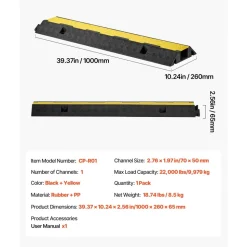 VEVOR Cable Protector Ramp, 22,000 lbs/axle Capacity, 1 Channel Heavy Duty Rubber Cord Hose Wire Cover, 2.76 x 1.97 in Channel, Traffic Speed Bump with Flip-Open Top Cover, for Indoor Outdoor, 1 Pack