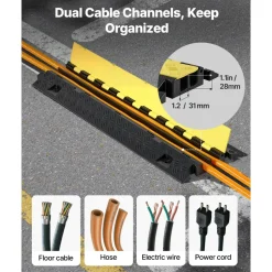 VEVOR Cable Protector Ramp, 22,000 lbs/axle Capacity, 2 Channel Heavy Duty TPU Cord Hose Wire Cover, 1.2 x 1.1 in Channel, Traffic Speed Bump with Flip-Open Top Cover, for Indoor Outdoor Use, 3 Pack