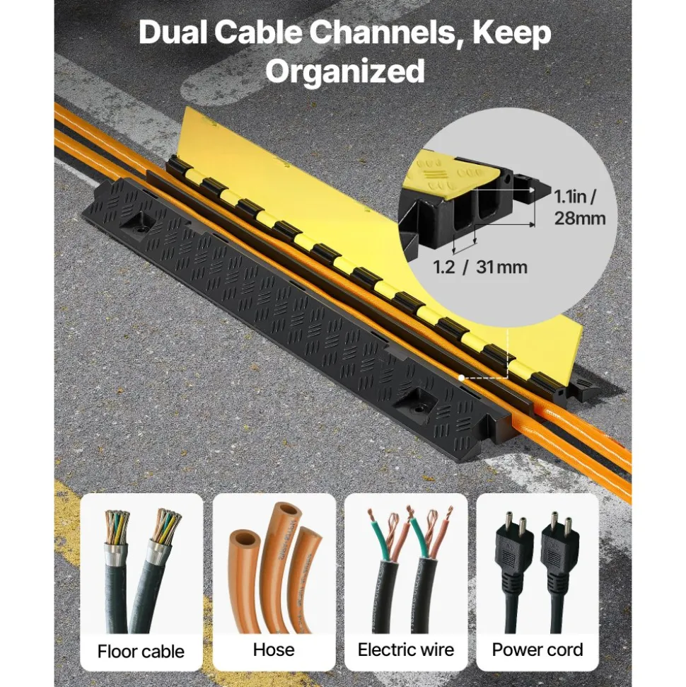 VEVOR Cable Protector Ramp, 22,000 lbs/axle Capacity, 2 Channel Heavy Duty TPU Cord Hose Wire Cover, 1.2 x 1.1 in Channel, Traffic Speed Bump with Flip-Open Top Cover, for Indoor Outdoor Use, 3 Pack