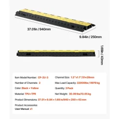 VEVOR Cable Protector Ramp, 22,000 lbs/axle Capacity, 2 Channel Heavy Duty TPU Cord Hose Wire Cover, 1.2 x 1.1 in Channel, Traffic Speed Bump with Flip-Open Top Cover, for Indoor Outdoor Use, 3 Pack