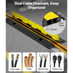 VEVOR Cable Protector Ramp, 22,000 lbs/axle Capacity, 2 Channel Heavy Duty Rubber Cord Hose Wire Cover, 1.3 x 1.2 in Channel, Traffic Speed Bump with Flip-Open Top Cover, for Indoor Outdoor, 1 Pack