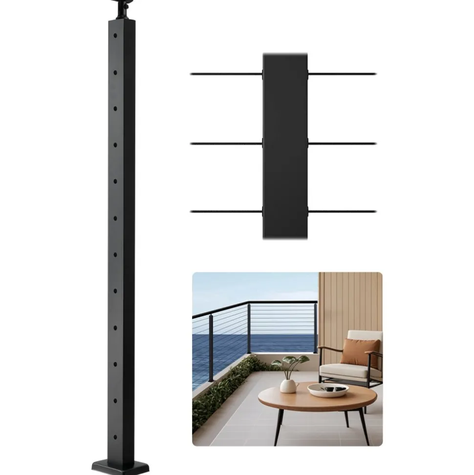 VEVOR Cable Railing Post, 42x2x2 Inch Level Deck Stair Posts, 1-Pack Stainless Steel Cable Handrail Post, Pre-Drilled Pickets with Mounting Bracket Stair Railing Kit, Black, 1JZLGZXHS106AWJO6001V0