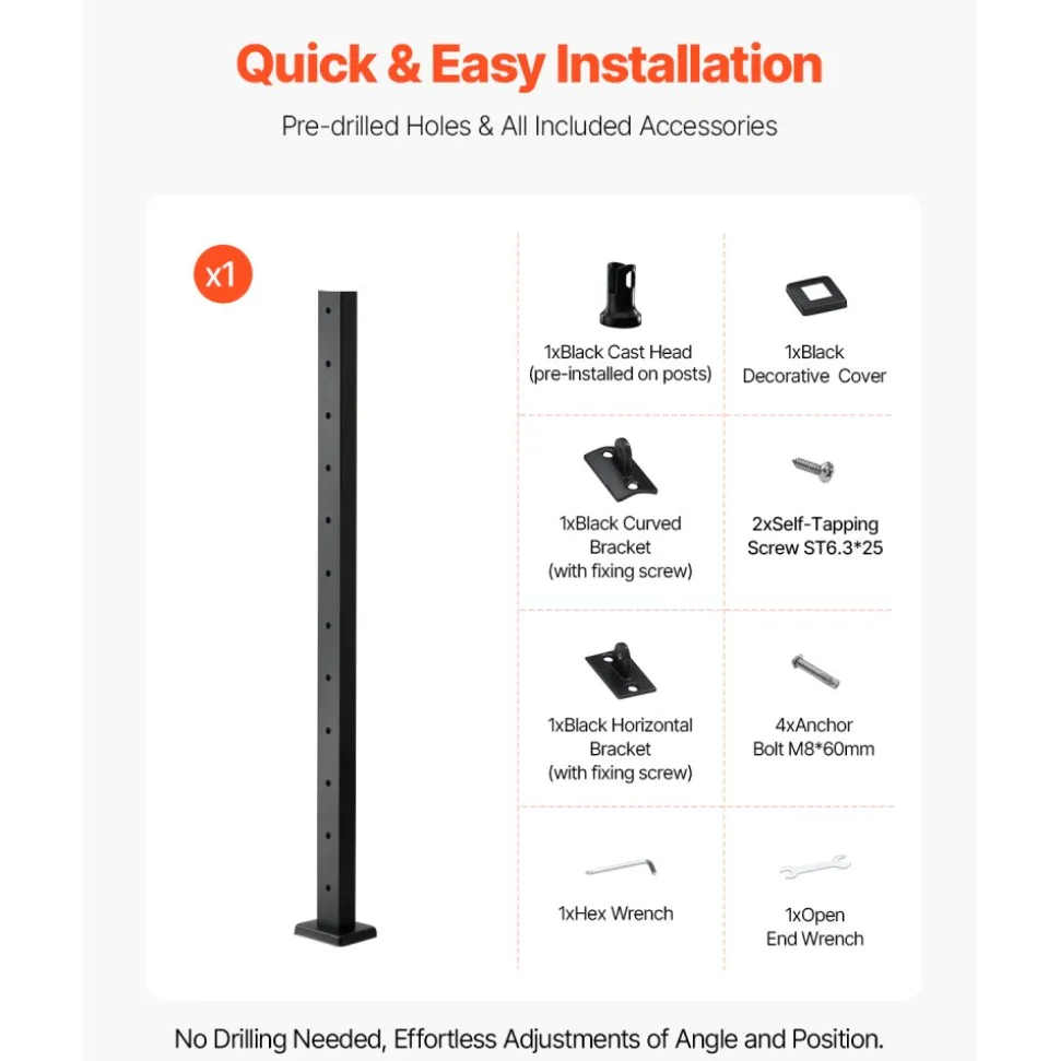 VEVOR Cable Railing Post, 42x2x2 Inch Level Deck Stair Posts, 1-Pack Stainless Steel Cable Handrail Post, Pre-Drilled Pickets with Mounting Bracket Stair Railing Kit, Black, 1JZLGZXHS106AWJO6001V0