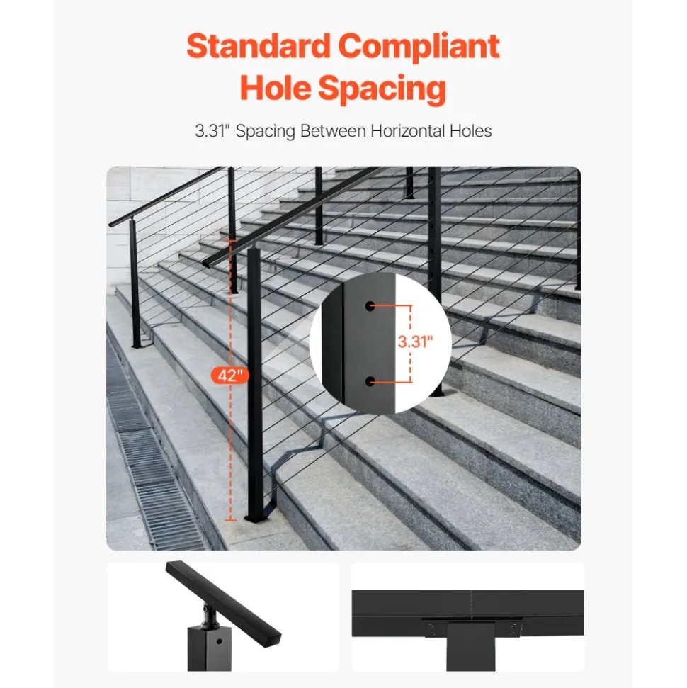 VEVOR Cable Railing Post, 42x1x2 Inch Level Deck Stair Posts, 1-Pack Stainless Steel Cable Handrail Post, Pre-Drilled Pickets with Mounting Bracket Stair Railing Kit, Black, 1JZLGZXHS1063GGTD001V0
