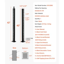 VEVOR Cable Railing Post, 42x1x2 Inch Level Deck Stair Posts, 1-Pack Stainless Steel Cable Handrail Post, Pre-Drilled Pickets with Mounting Bracket Stair Railing Kit, Black, 1JZLGZXHS1063GGTD001V0