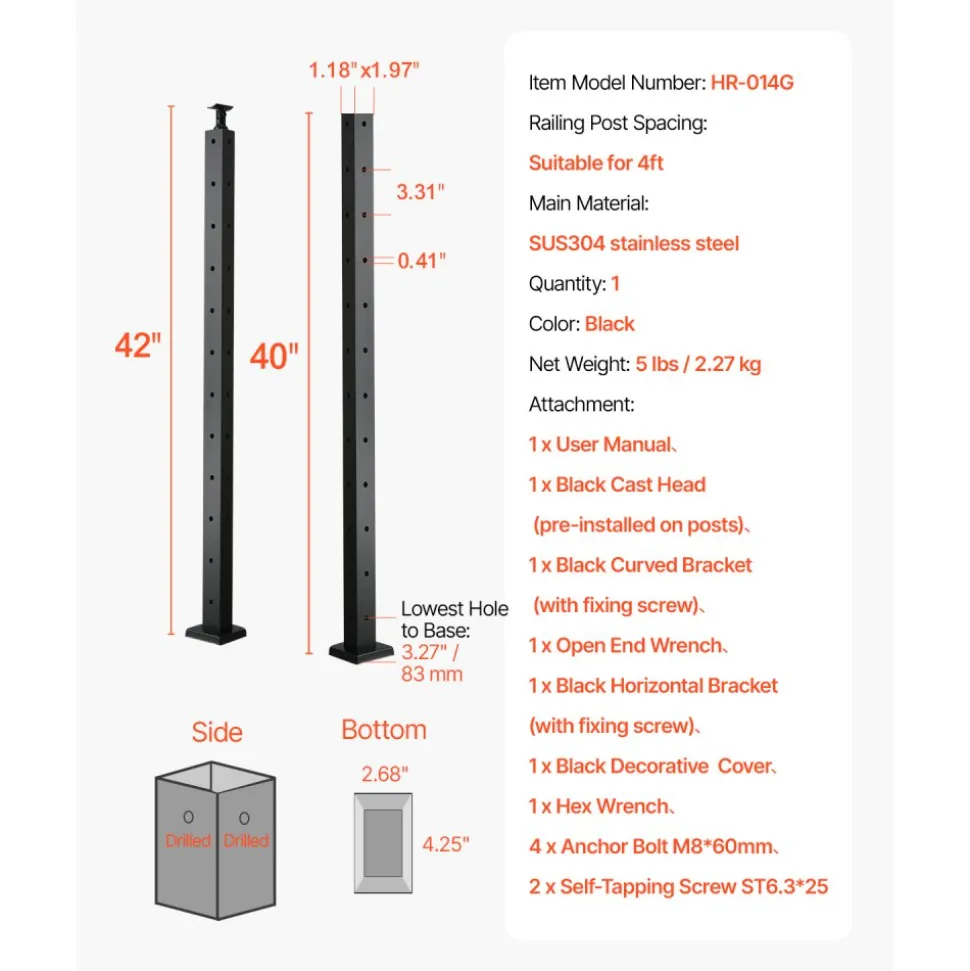VEVOR Cable Railing Post, 42x1x2 Inch Corner Railing Post, with L-Shaped Pre-Drilled Holes, Stainless Steel Cable Rail Post with Horizontal and Curved Bracket, 1-Pack, Black, 1JZLGZXHS10607YXO001V0