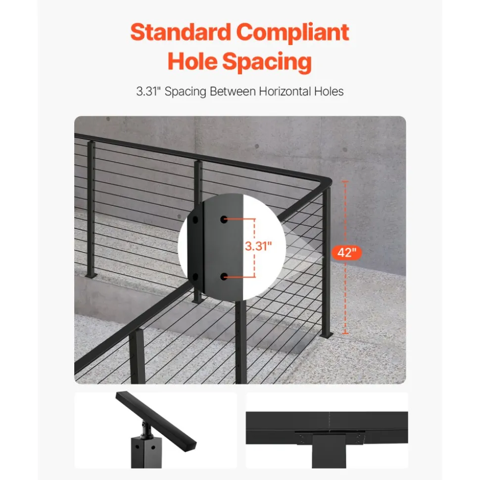VEVOR Cable Railing Post, 42x1x2 Inch Corner Railing Post, with L-Shaped Pre-Drilled Holes, Stainless Steel Cable Rail Post with Horizontal and Curved Bracket, 1-Pack, Black, 1JZLGZXHS10607YXO001V0
