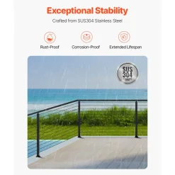 VEVOR Cable Railing Post, 42x1x2 Inch Corner Railing Post, with L-Shaped Pre-Drilled Holes, Stainless Steel Cable Rail Post with Horizontal and Curved Bracket, 1-Pack, Black, 1JZLGZXHS10607YXO001V0