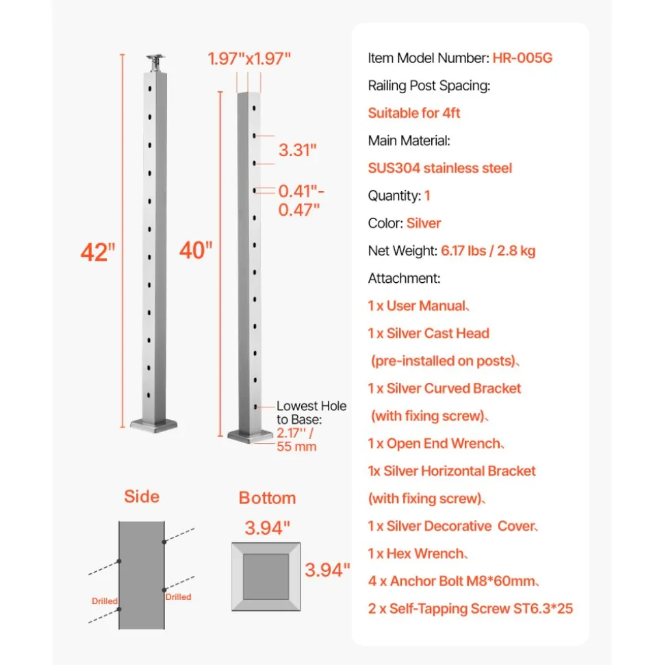 VEVOR Cable Railing Post, 36x1x2 Inch Corner Railing Post, with L-Shaped Pre-Drilled Holes, Stainless Steel Cable Rail Post with Horizontal and Curved Bracket, 1-Pack, Black, 1JZLGZXHS914IVCFL001V0