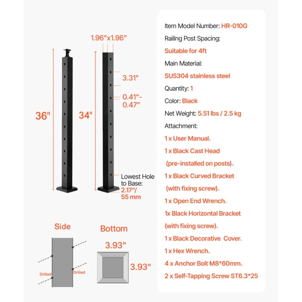 VEVOR Cable Railing Post, 36x2x2 Inch Stair Railing Post, with Pre-Drilled 30° Angled Holes, Stainless Steel Cable Rail Post with Horizontal and Curved Bracket, 1-Pack, Black, 1JZLGZXHS914YIVIS001V0