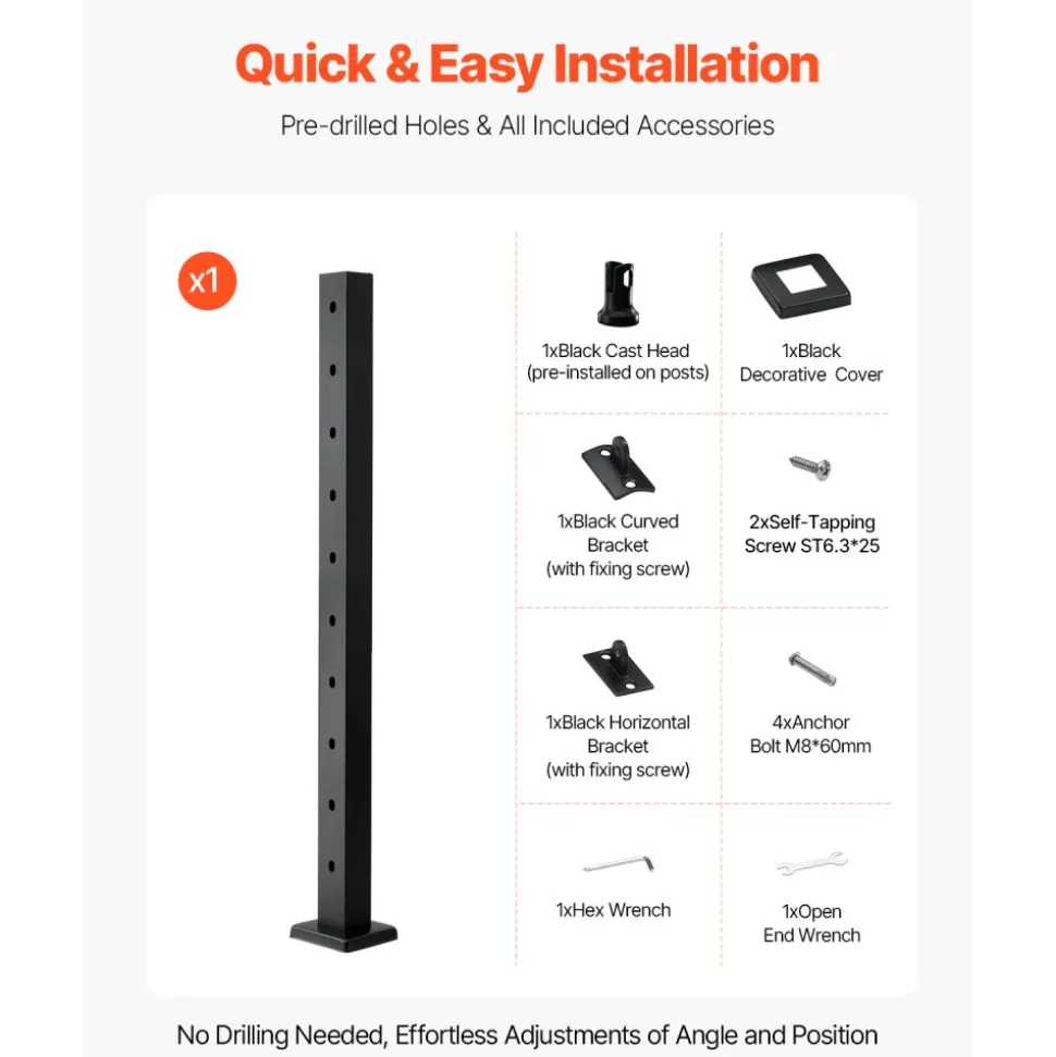 VEVOR Cable Railing Post, 36x2x2 Inch Stair Railing Post, with Pre-Drilled 30° Angled Holes, Stainless Steel Cable Rail Post with Horizontal and Curved Bracket, 1-Pack, Black, 1JZLGZXHS914YIVIS001V0