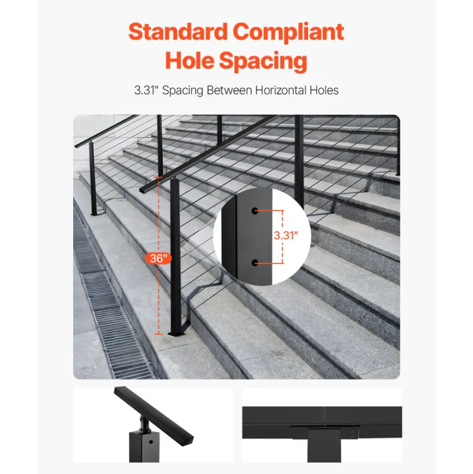 VEVOR Cable Railing Post, 36x2x2 Inch Stair Railing Post, with Pre-Drilled 30° Angled Holes, Stainless Steel Cable Rail Post with Horizontal and Curved Bracket, 1-Pack, Black, 1JZLGZXHS914YIVIS001V0