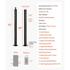 VEVOR Cable Railing Post, 36x1x2 Inch Stair Railing Post, with Pre-Drilled 30° Angled Holes, Stainless Steel Cable Rail Post with Horizontal and Curved Bracket, 1-Pack, Black, 1JZLGZXHS91402OS1001V0