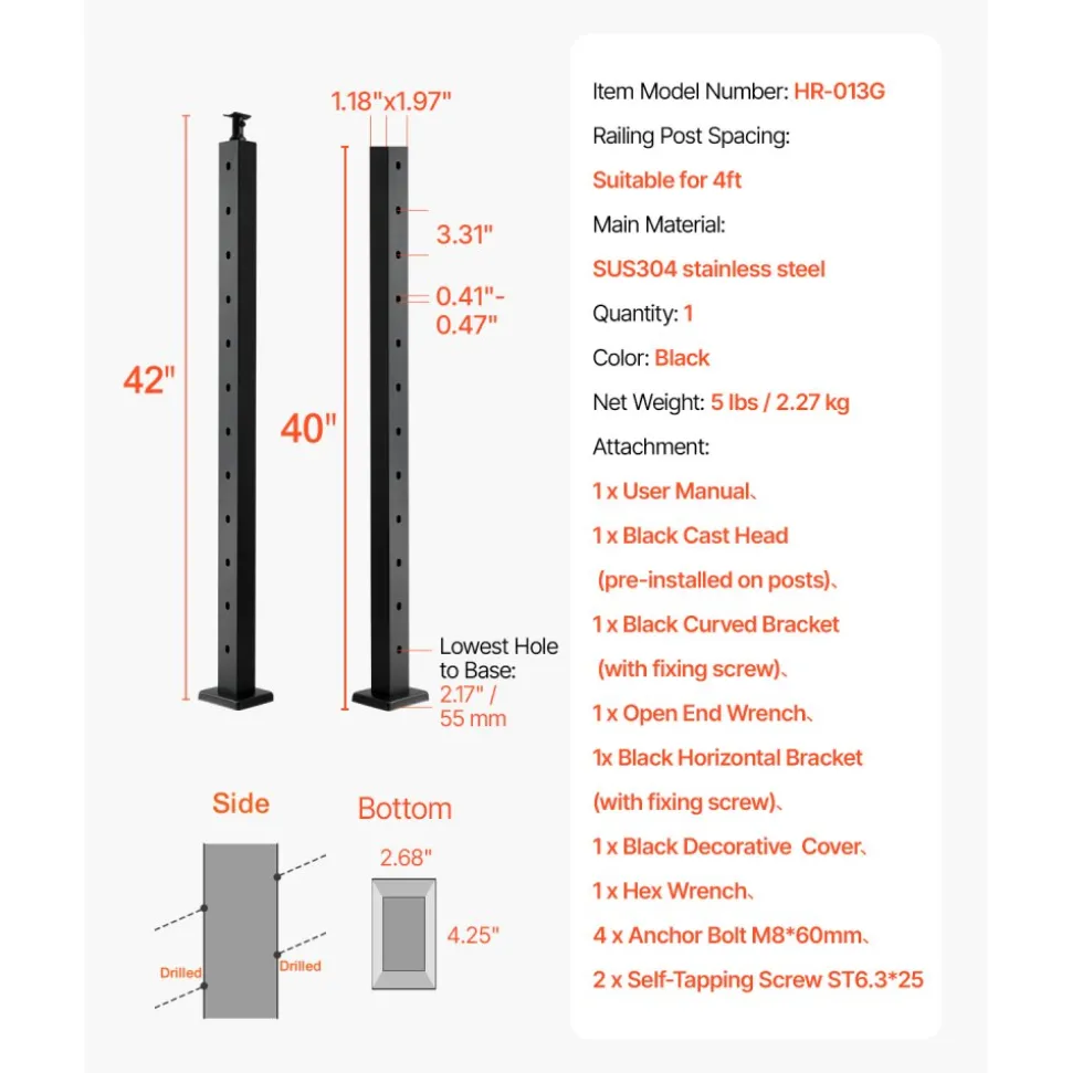 VEVOR Cable Railing Post, 36x1x2 Inch Stair Railing Post, with Pre-Drilled 30° Angled Holes, Stainless Steel Cable Rail Post with Horizontal and Curved Bracket, 1-Pack, Black, 1JZLGZXHS91402OS1001V0