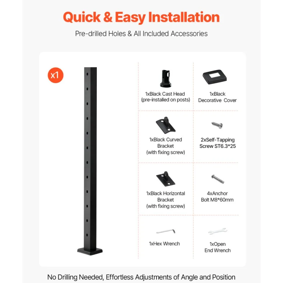 VEVOR Cable Railing Post, 36x1x2 Inch Stair Railing Post, with Pre-Drilled 30° Angled Holes, Stainless Steel Cable Rail Post with Horizontal and Curved Bracket, 1-Pack, Black, 1JZLGZXHS91402OS1001V0