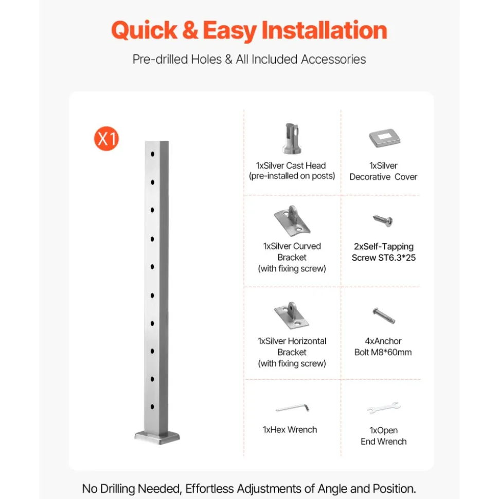 VEVOR Cable Railing Post, 36x1x2 Inch Level Deck Stair Posts, 1-Pack Stainless Steel Cable Handrail Post, Pre-Drilled Pickets with Mounting Bracket Stair Railing Kit, Silver, 1JZLGZXYS914I4BDB001V0