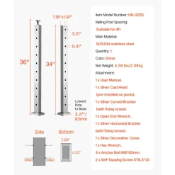 VEVOR Cable Railing Post, 36x1x2 Inch Level Deck Stair Posts, 1-Pack Stainless Steel Cable Handrail Post, Pre-Drilled Pickets with Mounting Bracket Stair Railing Kit, Silver, 1JZLGZXYS914I4BDB001V0