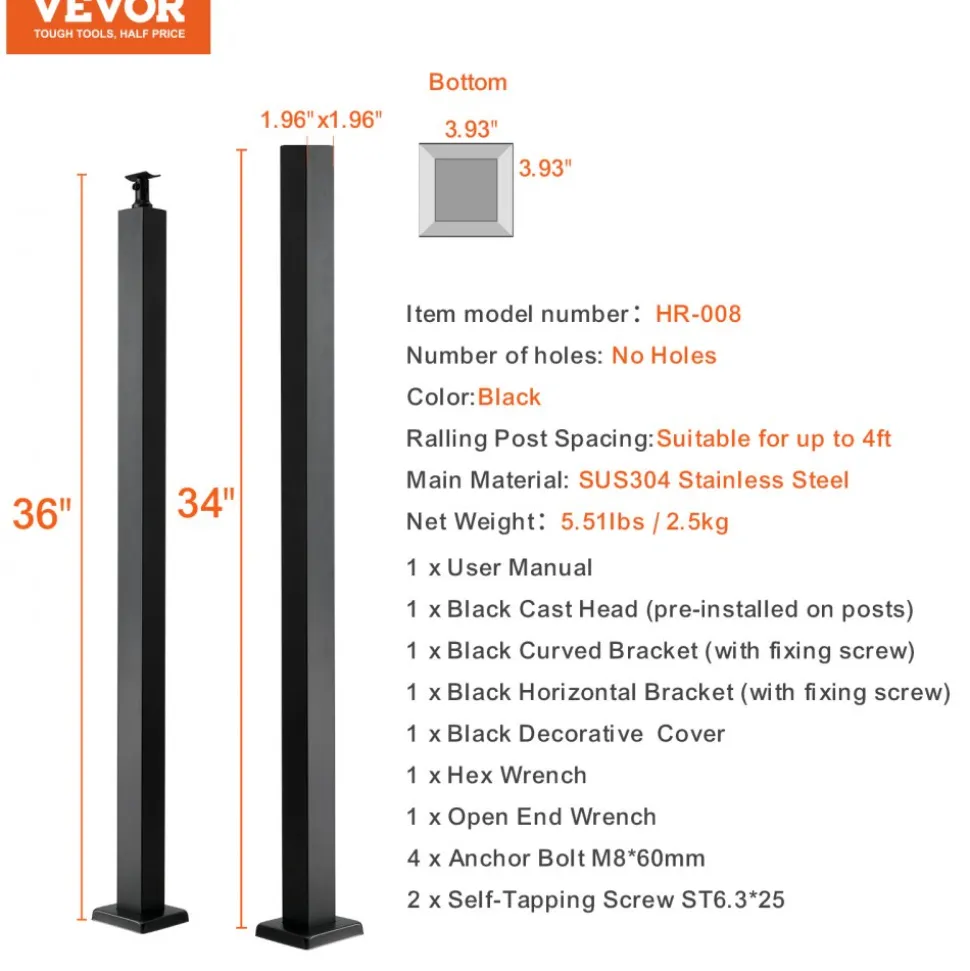 VEVOR Cable Support Post, 36" Height, 2" Width, Steel Construction, No Pre-drilled Holes, Made of Durable SUS304 Stainless Steel, Includes Horizontal and Curved Brackets for Deck and Stair Handrail