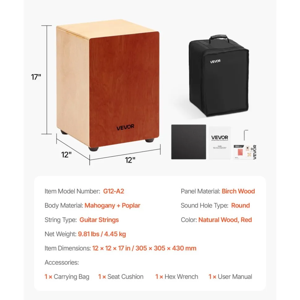VEVOR Cajon Box Drum Birch Wood Percussion Instrument Guitar Strings with Travel Bag