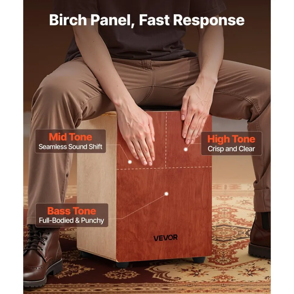VEVOR Cajon Box Drum Birch Wood Percussion Instrument Guitar Strings with Travel Bag