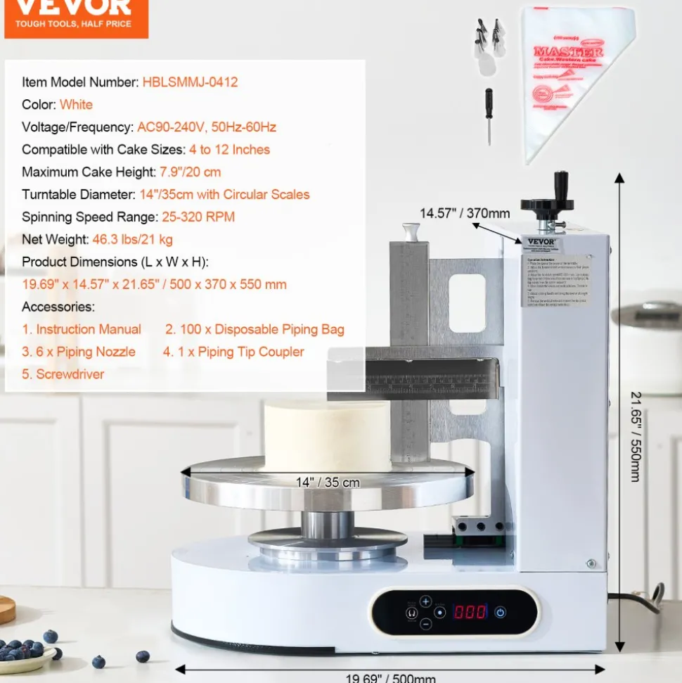 VEVOR Cake Decorating Machine, Cake Cream Spreading Coating Smearing Machine, Low Noise Cake Frosting Machine, Turntable with Adjustable Scraper, for 4" to 12" Cake, 25-320RPM Rotating Speed, White