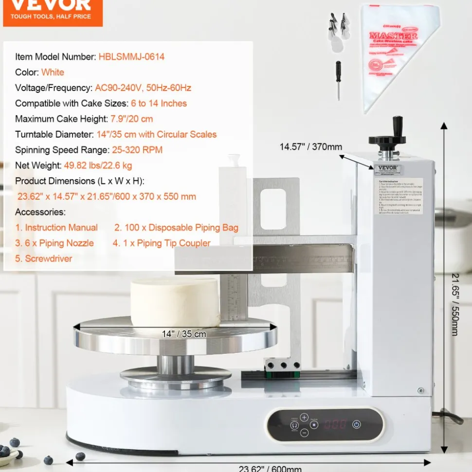 VEVOR Cake Decorating Machine, Cake Cream Spreading Coating Smearing Machine, Low Noise Cake Frosting Machine, Turntable with Adjustable Scraper, for 6" to 14" Cake, 25-320RPM Rotating Speed, White