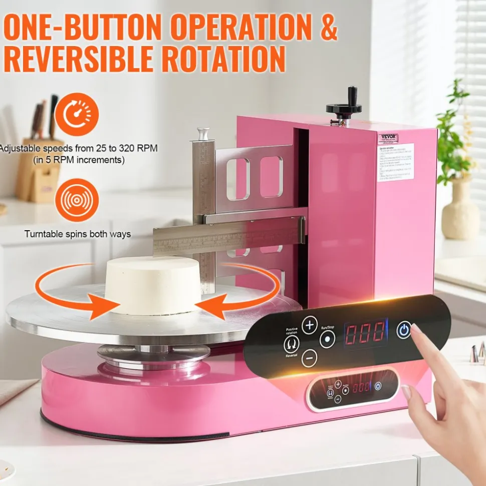 VEVOR Cake Decorating Machine, Cake Cream Spreading Coating Smearing Machine, Low Noise Cake Frosting Machine, Turntable with Adjustable Scraper, for 4" to 16" Cake, 25-320RPM Rotating Speed, Pink