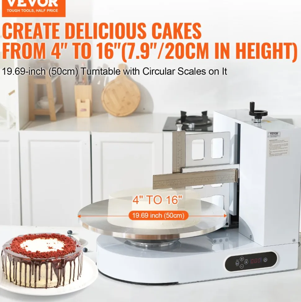 VEVOR Cake Decorating Machine, Cake Cream Spreading Coating Smearing Machine, Low Noise Cake Frosting Machine, Turntable with Adjustable Scraper, for 4" to 16" Cake, 25-320RPM Rotating Speed, White