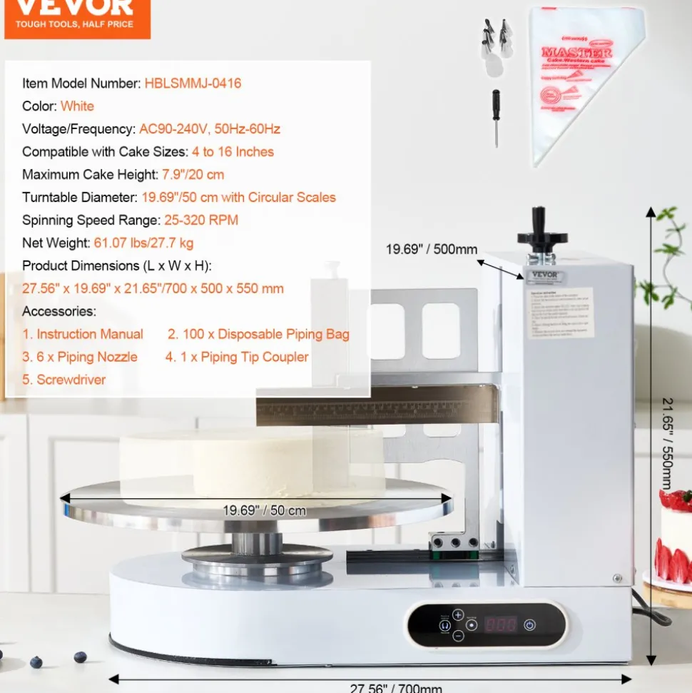 VEVOR Cake Decorating Machine, Cake Cream Spreading Coating Smearing Machine, Low Noise Cake Frosting Machine, Turntable with Adjustable Scraper, for 4" to 16" Cake, 25-320RPM Rotating Speed, White