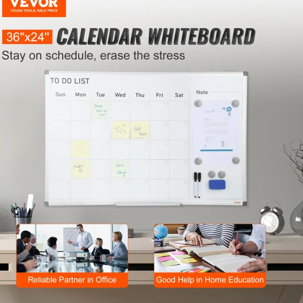 VEVOR Calendar Whiteboard, 36 x 24 Inches Magnetic Dry Erase Calendar Board, Monthly Planner Whiteboard for Wall, 1 Magnetic Erase & 2 Dry Erase Marker & Movable Tray for Restaurant Office Home School